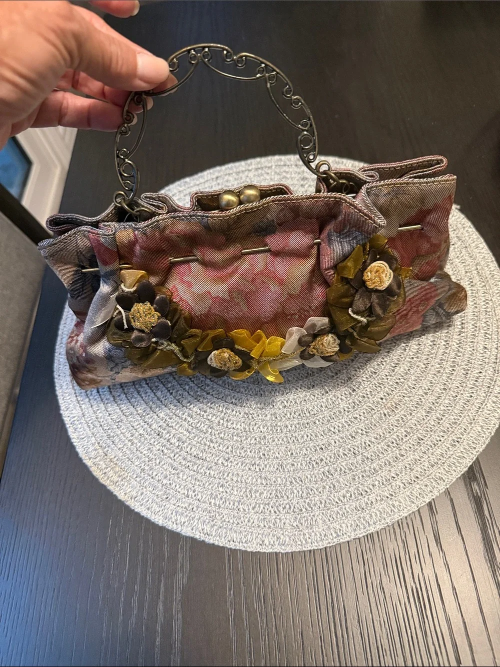 Floral Embellished Pink Fabric Handbag with Decorative Handle
